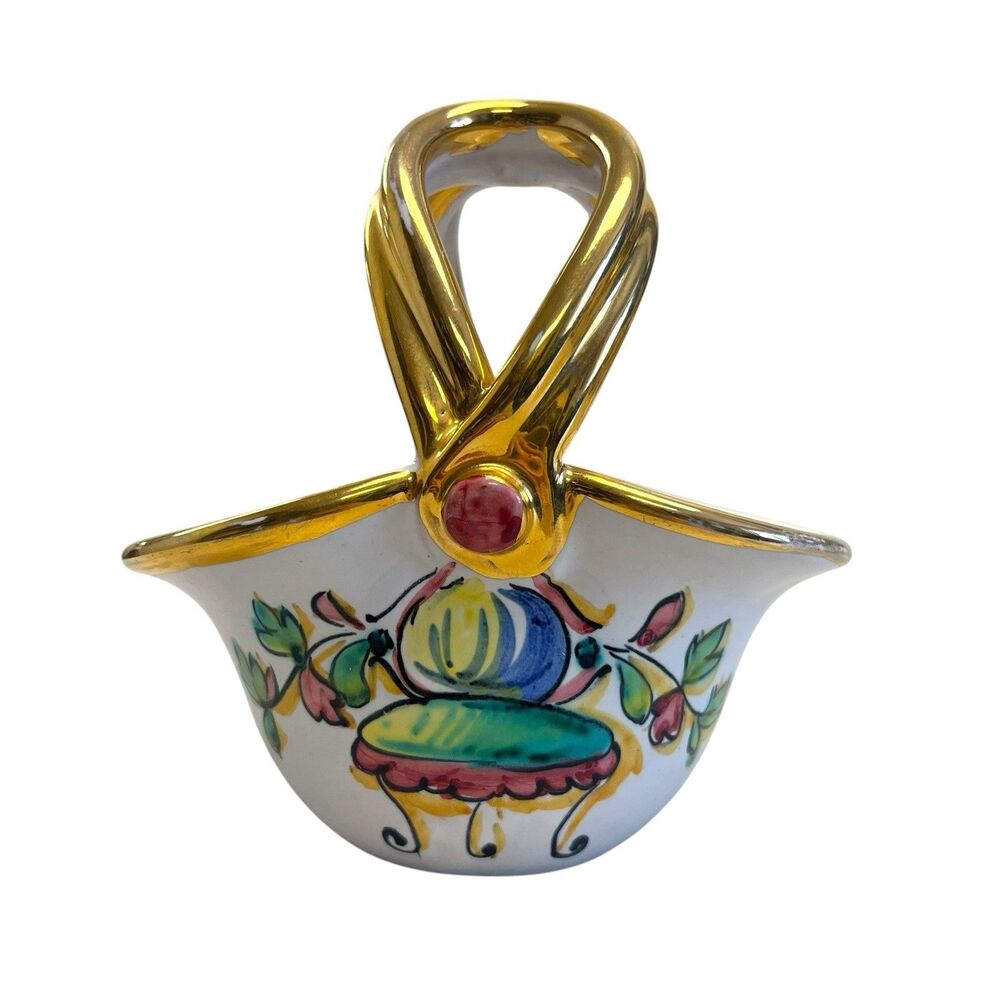 Vintage Floral Handpainted Stoneware Mini Basket Made‎ in Italy Candy Dish Cute